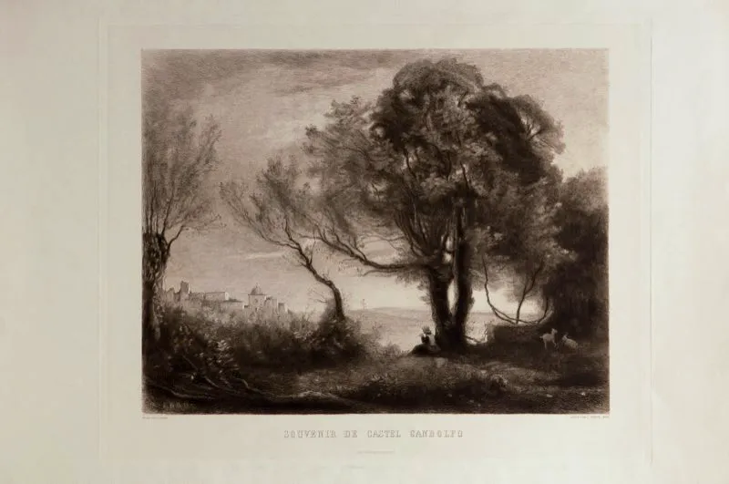 Camille Corot (invent), Gustave Marie Greux (grab) / Chalcographie du Louvre (imprimi) / Recuerdo de Castelgandolfo
Siglo xix / Grabado en metal / 62,7 x 90 cm 