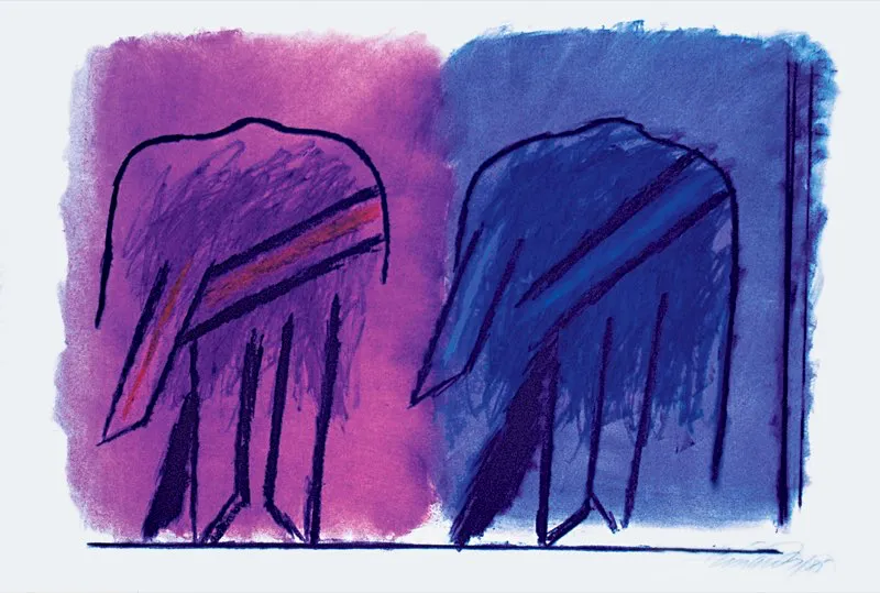 Signo caminantes rojo y azul / 1985 / Mixta sobre papel / 50 x 70 cm