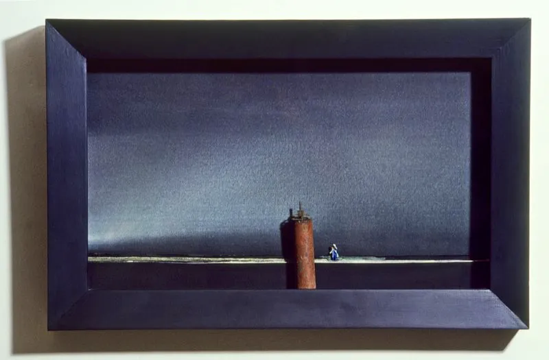Olhando navos / 1992 / Ensamble: acuarela y objetos / 25 x 60 x 7 cm 
