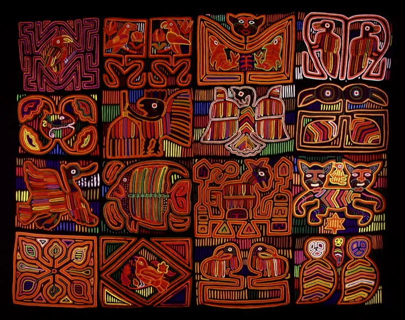 Tapiz elaborado a partir de un conjunto de molas con figuras zoomorfas, cocidas entre sí. Clara Lucía de Villegas. Bogotá. Juan Camilo Segura