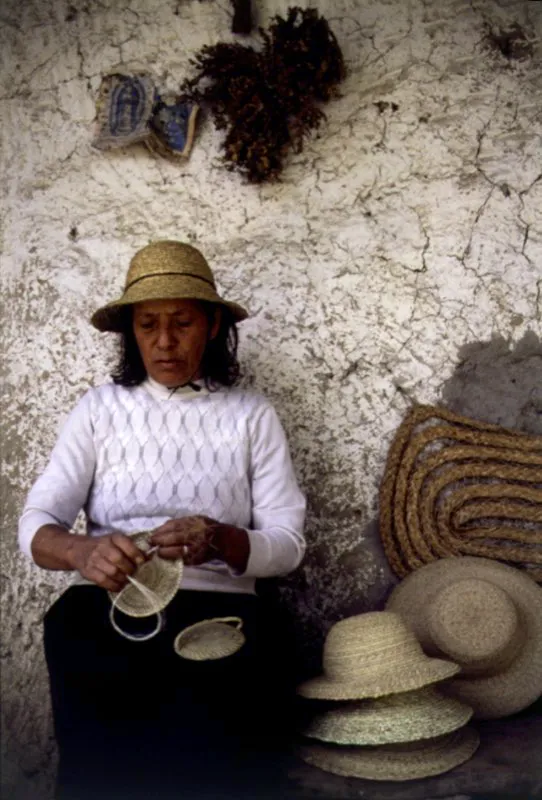 Nieves Pinilla tejiendo sombreros de tapia pisada en trencilla enrollada de palmiche. Han recibido este nombre por su tejido compacto y resistente, semejante a los tapiales de barro y paja. Villa de Leiva, Boyacá. José Fernando Machado