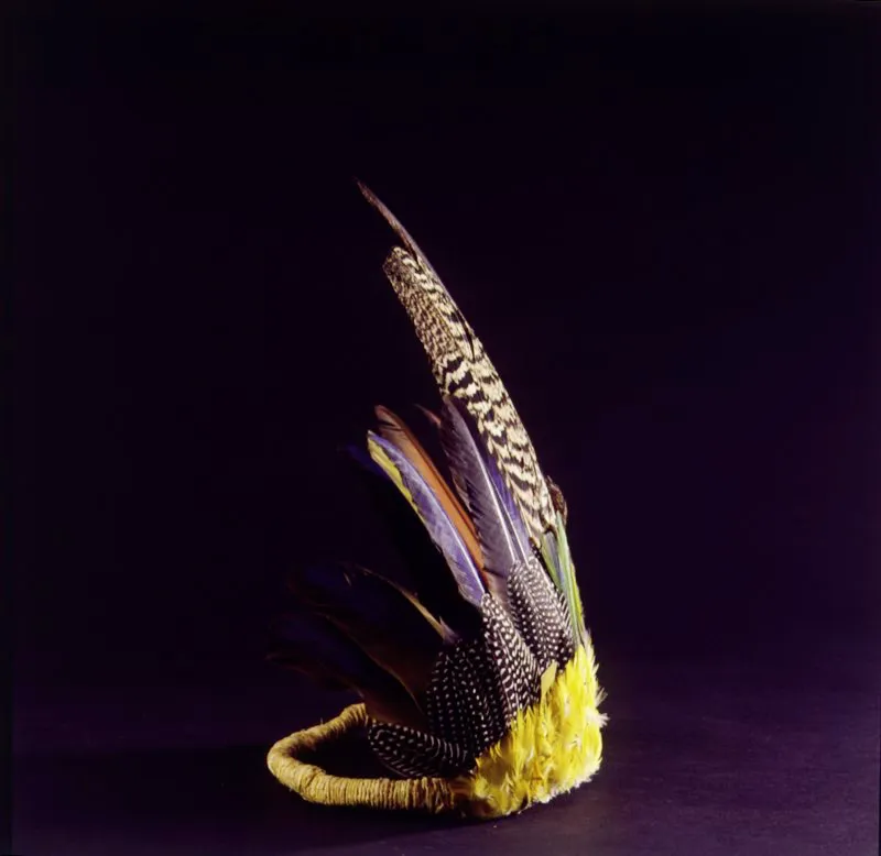 Corona ceremonial en plumas de tucn, loro, guacamayo y paujil, insertadas sobre banda de bejuco. Putumayo. Jos Fernando Machado