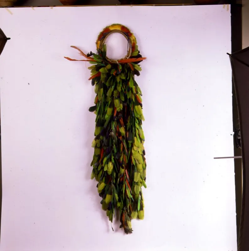 Tocado ceremonial de plumas de loro y papagayo, montado sobre bejuco, adornado con bandas de plumas de tucn amarillas y rojas. Amazonas. Jos Fernando Machado