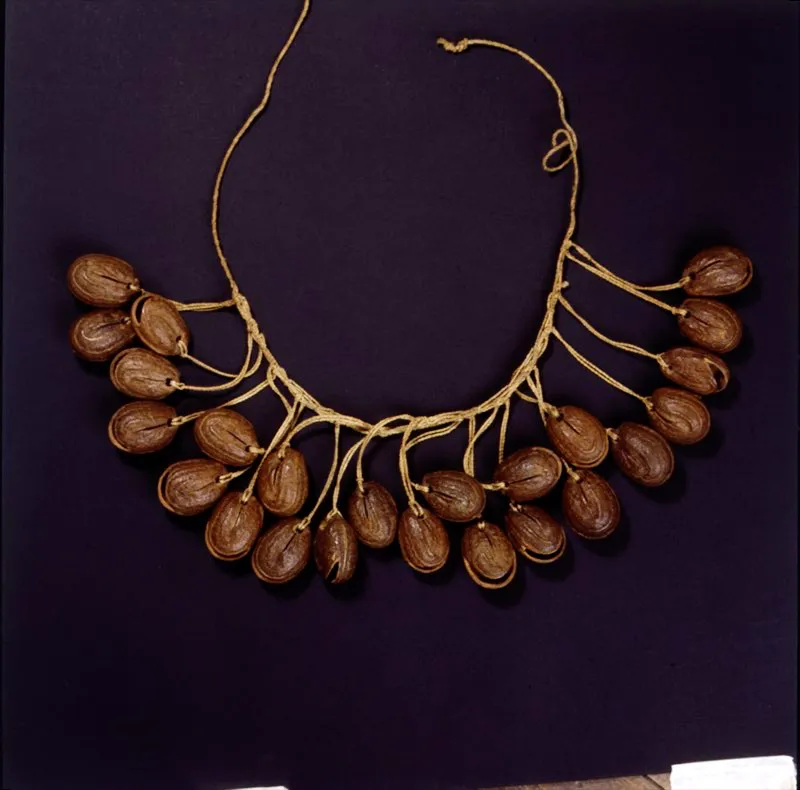 Sonajero de semillas del bejuco cascabel, tejidas con fibras delgadas de yarumo, llamadas entre los Cubeo tsakpa. Tambin son usados por los danzantes, en las pantorrillas o atados a un bastn. Amazonas. Jos Fernando Machado