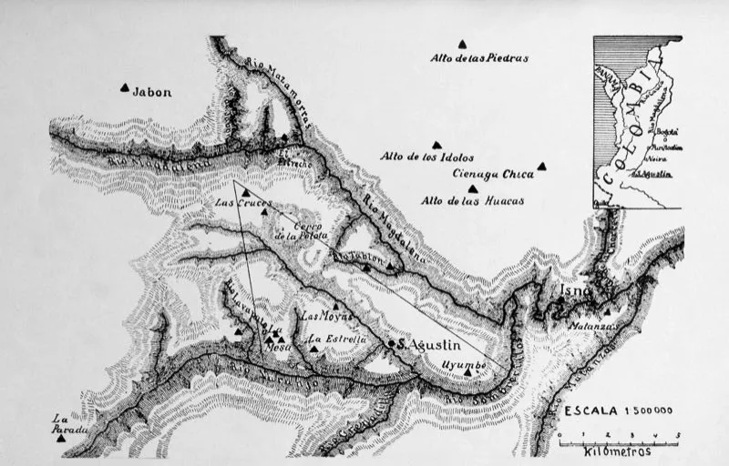 “Mapa de los alrededores de San Agustín, basado en el de Codazzi”, utilizado para ilustrar la obra Arte Monumental Prehistórico, de Konrad Th. Preuss. Están identificados los principales sitios explorados por Preuss en 1913 y 1914.