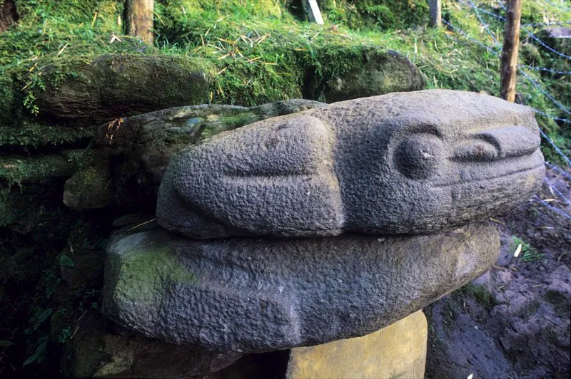 Representación de una rana en la pendiente hacia la Fuente de Lavapatas, en el Parque Arqueológico de San Agustín. En esta pieza el artista supo utilizar la forma y la posición originales de las piedras para sus fines expresivos, incluida la referencia al agua de la cercana quebrada. Hallada inicialmente por Codazzi en 1857, permaneció desaparecida durante casi un siglo debido a un derrumbe.