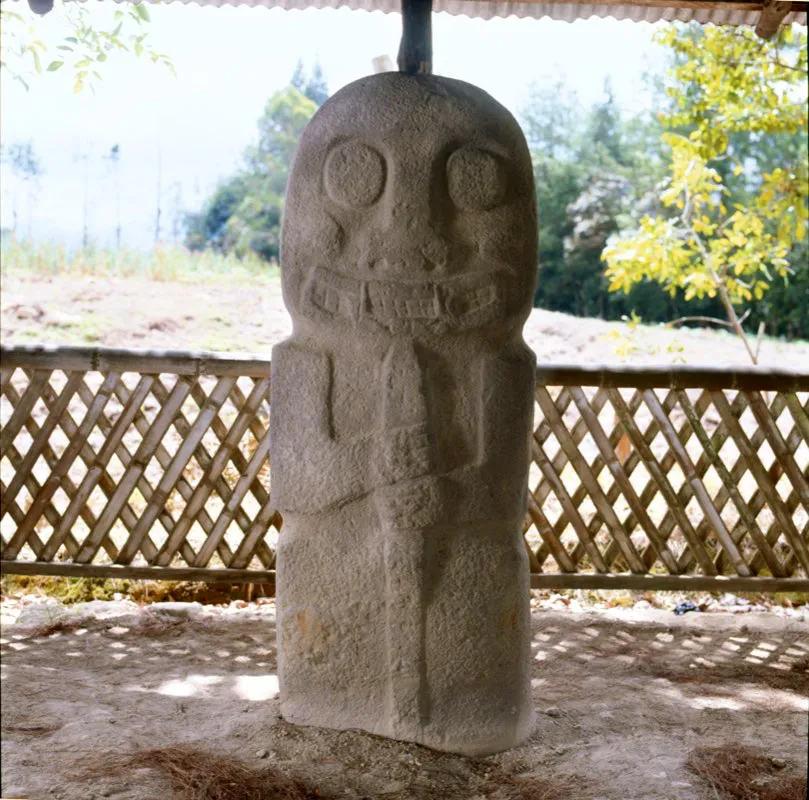 Estatua hallada Quebradillas. Sostiene con sus manos una gruesa vara que, antes que un instrumento agrícola, es probablemente el soporte de las máscaras que cubren el rostro de los personajes. No solo lleva una máscara distinta, sino que altera la simetría bilateral por la forma de tomar el soporte de aquella.