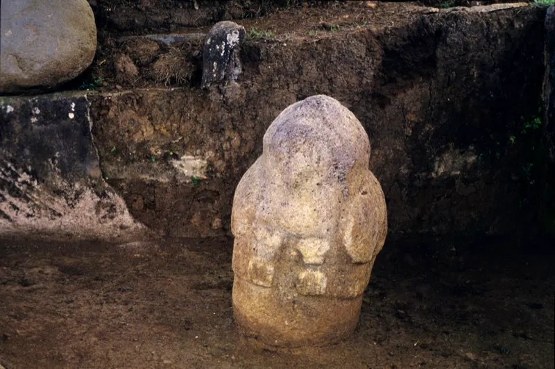 Figura de un ave de poco más de 50 centímetros de altura, hallada en la Meseta B del Alto de los Ídolos. Su superficie, muy desgastada, no permite identificar su especie y por lo demás no presenta atributos especiales. Sin embargo, muy probablemente es un ave de presa del mismo género de las que se encuentran en la Mesita B del Parque de San Agustín y en el cerro de La Pelota.