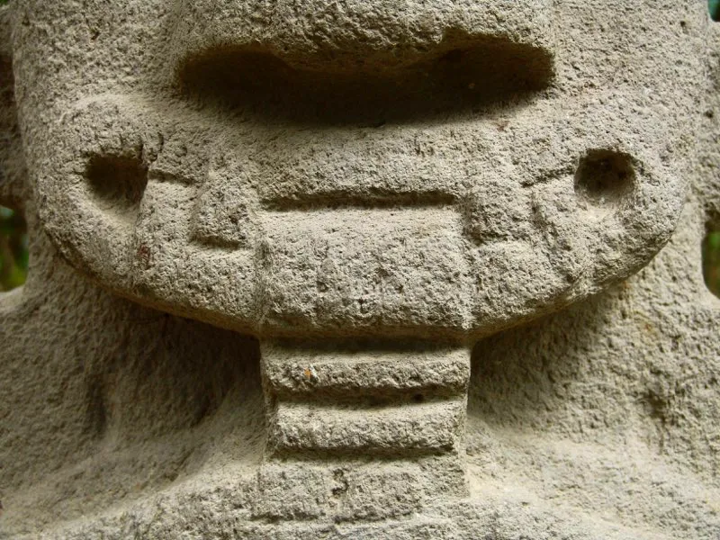 Sorprende en el arte del Macizo Colombiano la enorme diversidad de variaciones en torno al tema de las fauces animales. Cada una de ellas está representada individualmente y su rasgo más sobresaliente son los enormes colmillos, por los cuales tradicionalmente se las ha identificado como fauces de jaguar. Sin embargo, el análisis iconográfico de la estatuaria sugiere que pueden pertenecer más bien al mono.