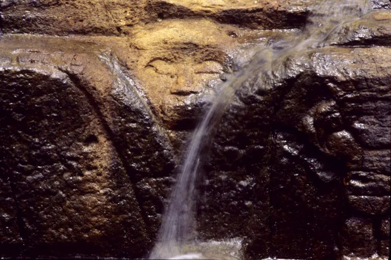Rostros de mono en la Fuente de Lavapatas, el primero de ellos en el ángulo formado por la división en dos del cuerpo de una gran serpiente. Salvo por algunos ejemplos notables, entre ellos la única representación realista de un mono araña, en el mismo sitio, los monos de la estatuaria solo están representados por sus cabezas. Son monos decapitados y por lo tanto muertos, como lo indican sus ojos cerrados.