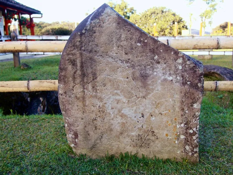 La figura del mono-serpiente aparece labrada en incisión en esta piedra, procedente del Montículo Sur de la Mesita B del Parque Arqueológico de San Agustín. Sin duda es una gran serpiente de las tierras bajas, posiblemente una anaconda, con un abultamiento en su parte central, signo de que acaba de devorar su presa. La cabeza, con fauces animales y grandes ojos redondos, es con toda probabilidad la de un mono.