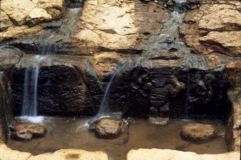 Estanque principal de la Fuente de Lavapatas, en cuyos muros se desarrolla uno de los conjuntos de mayor valor artístico y simbólico de la estatuaria del Macizo Colombiano. Por su centro asciende un mono-serpiente, cuya cabeza y brazos reposan en el fondo del estanque. Dividido en dos serpientes que se extienden por los bordes para caer de nuevo al fondo bajo la forma de monos-serpiente, evoca la imagen de las grandes culebras que habitan profundos pozos y controlan la fertilidad del agua y la tierra, en una mitología extendida por toda la cuenca amazónica y que ha perdurado durante milenios. Los conductos por los que cae el agua al estanque están dispuestos de tal manera que forman velos o cortinas transparentes que cubren las figuras de un ser humano con penacho de plumas y un mono araña tallados en la pared principal.