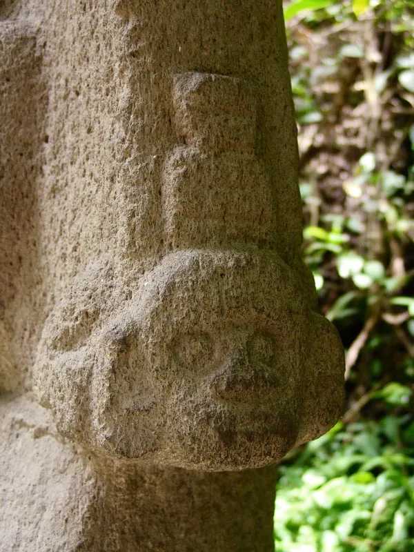 Una de las figuras más conocidas de la estatuaria del Macizo Colombiano es aquella que muestra a una figura masculina con una ancha diadema o tocado semicircular dividido en franjas y rematado en ambos extremos por figuras de mono, una de las cuales se ilustra en esta página. El tocado no es otra cosa que el mono-serpiente puesto sobre la cabeza del personaje. La serpiente se representa en síntesis geométrica formada por seis bandas en la parte anterior y siete en la posterior. Cada uno de los monos tiene sus dos brazos y las cabezas están adornadas con orejeras circulares y coronadas por penachos escalonados, motivo que se repite en otras estatuas. Las facciones de los rostros, con grandes ojos perfectamente circulares enmarcados por espesa pelambre, recuerdan a las del mono aullador.