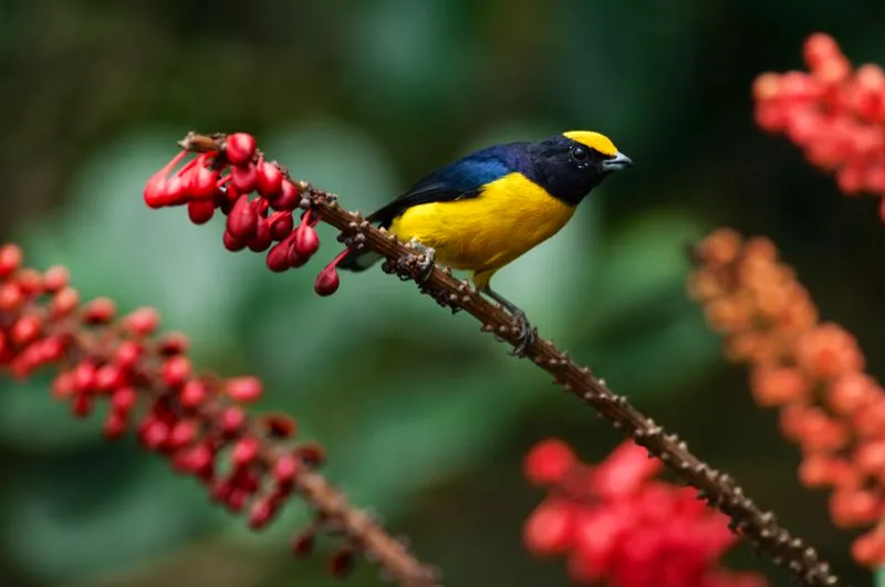 (Eufonia buchinaranja / Euphonia xanthogaster - Choc, Valles del Magdalena y Cauca, Amazonia). Esta es una de las eufonias ms fciles de observar en zonas tropicales, donde se encuentra alimentndose en parejas o grupos pequeos, desde el dosel hasta el piso, probablemente porque es la nica que se observa a este nivel tan bajo con las bandadas mixtas del sotobosque. Murray Cooper