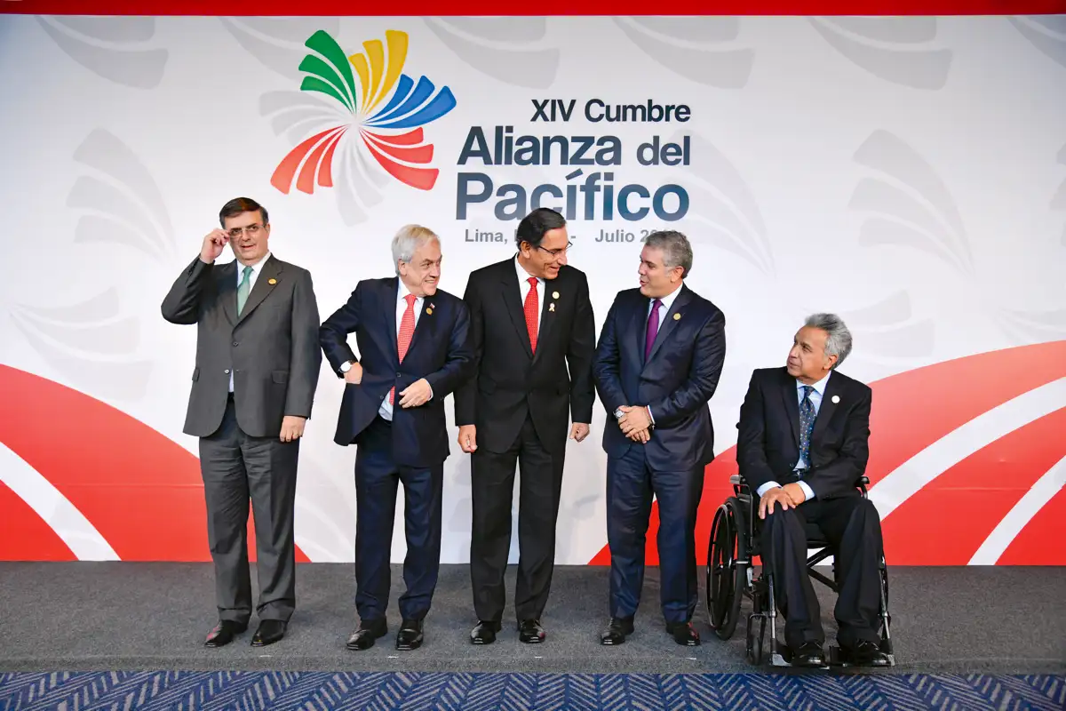 XIV Cumbre de la Alianza del Pacífico. Fruto de esta fue la Declaración de Lima firmada por los presidentes Piñera de Chile, Duque Márquez de Colombia, López Obrador de México, y Vizcarra del Perú, 6 de julio de 2019.