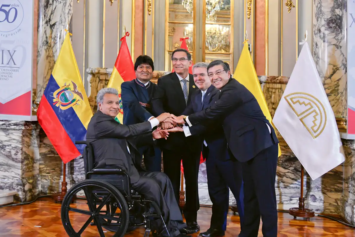 XIX Reunión del Consejo Presidencial Andino. En esta se conmemoró el 50 aniversario de la Comunidad Andina. Los presidentes de Bolivia, Evo Morales; de Ecuador, Lenín Moreno; de Colombia, Iván Duque; y de Perú, Martín Vizcarra. Palacio de Gobierno, Lima, Perú, 26 de mayo de 2019.
